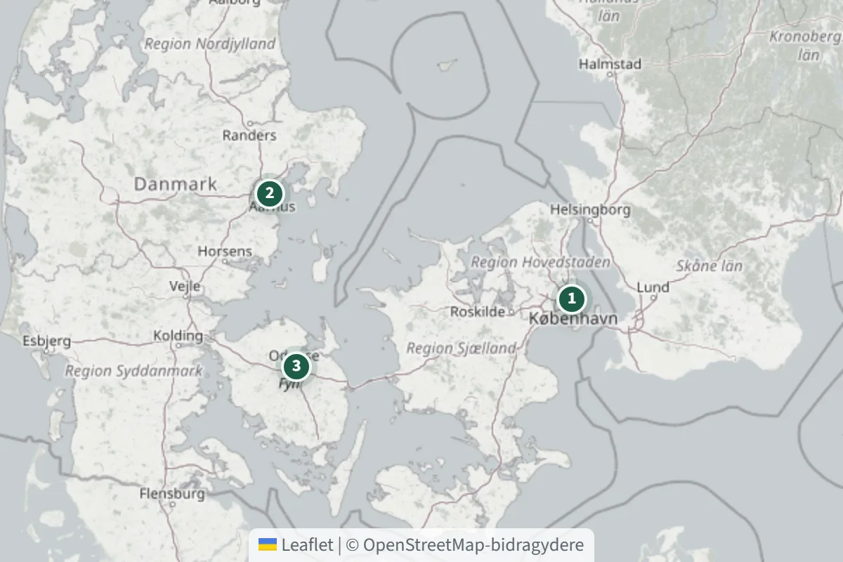 Kortet i Ejendomsdrift med tre eksempelboliger markeret i København, Aarhus og Odense.