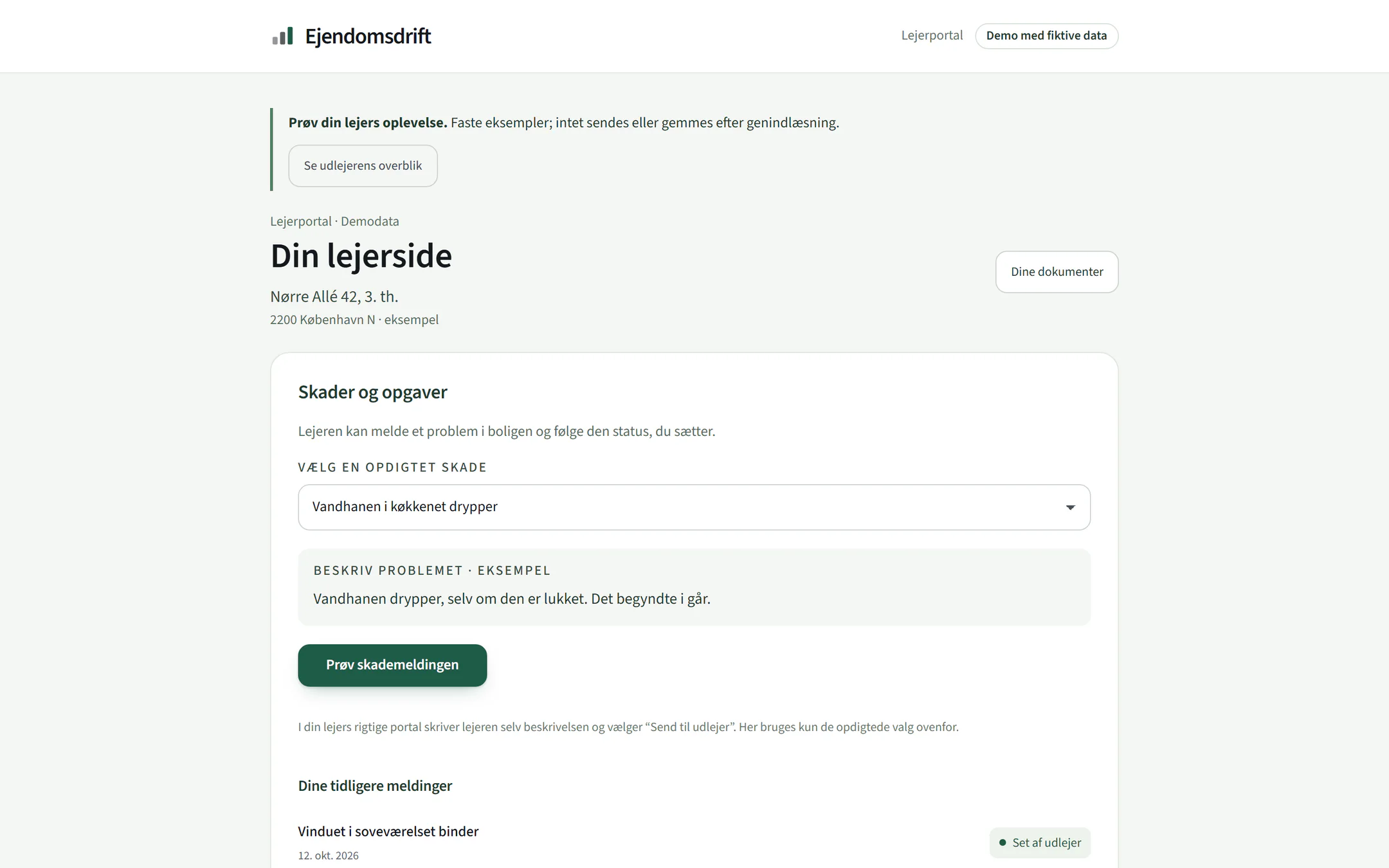 Lejerens egen side med adressen, knappen Dine dokumenter og formularen til at melde en opdigtet skade.
