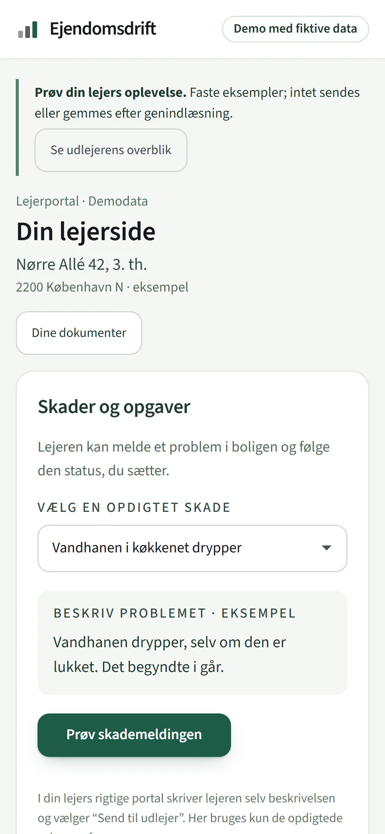 Lejerens egen side på en telefon med adressen, knappen Dine dokumenter og begyndelsen af skademeldingen.