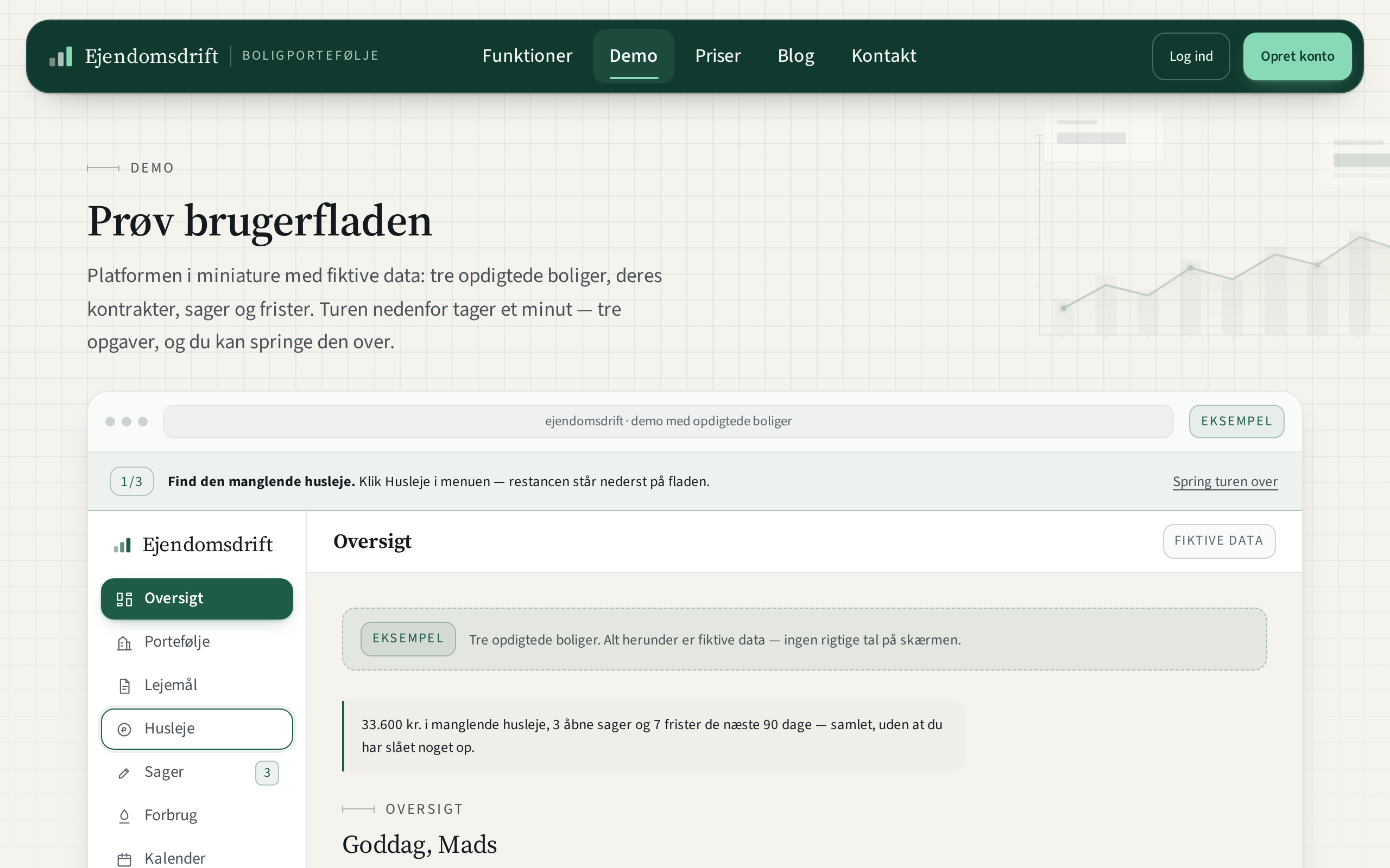 Demoen, hvor portalens oversigt vises med opdigtede boliger — fladen er mærket med fiktive data.
