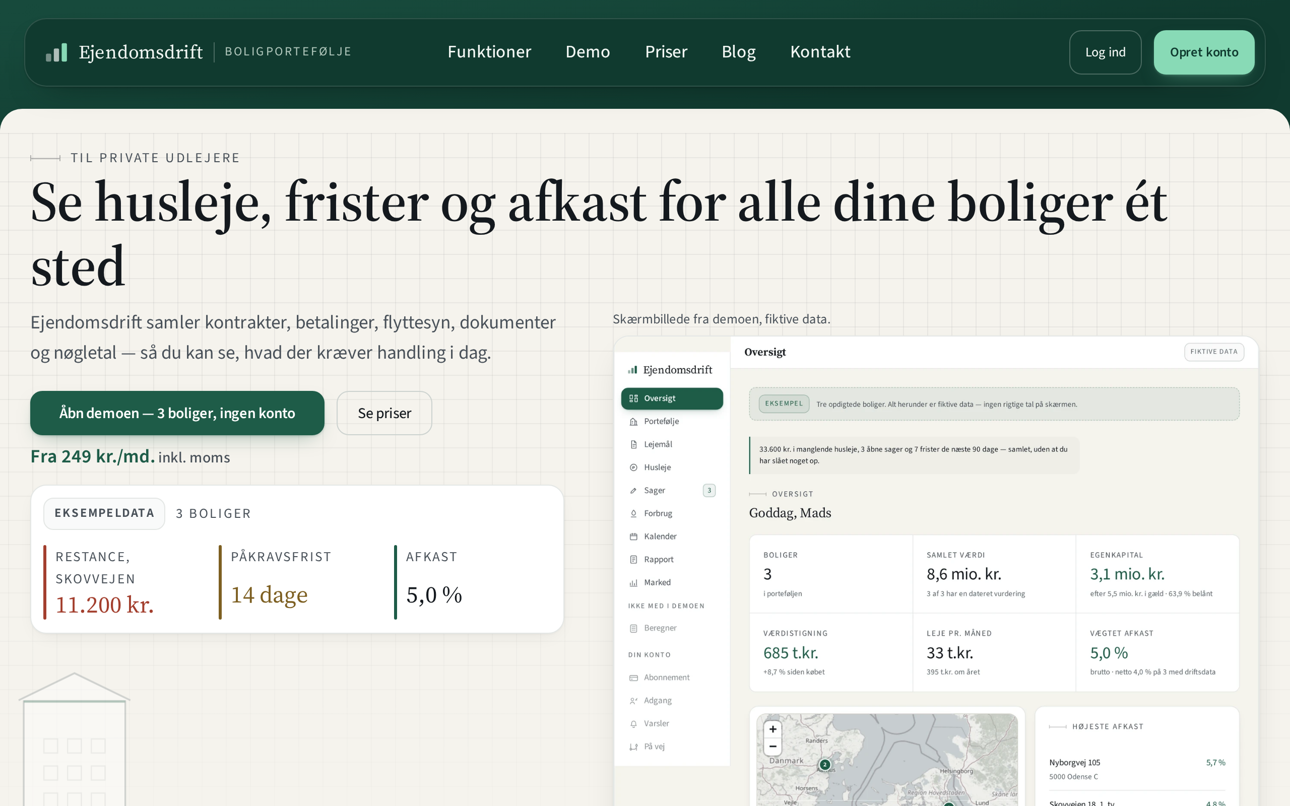 Forsiden med overskriften om at se husleje, frister og afkast ét sted, og et glimt af portalens oversigt med fiktive data.