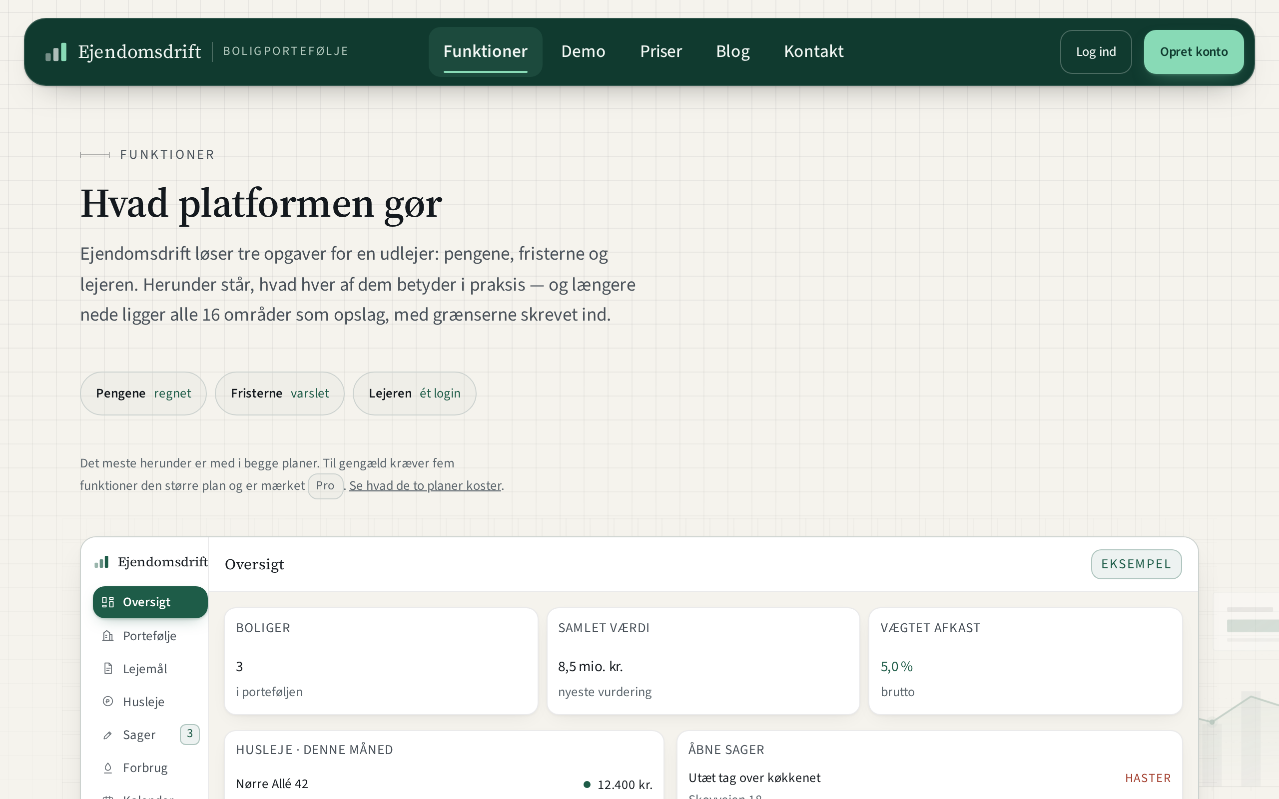 Funktionssiden, der gennemgår, hvad platformen gør for pengene, fristerne og lejeren.
