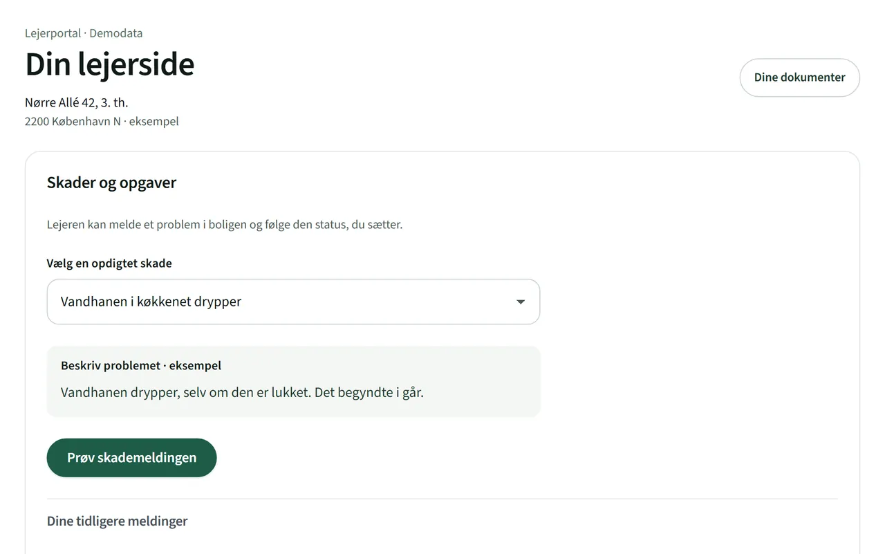 Lejerportalen med lejerens adresse, knappen Dine dokumenter og formularen til at melde en skade.