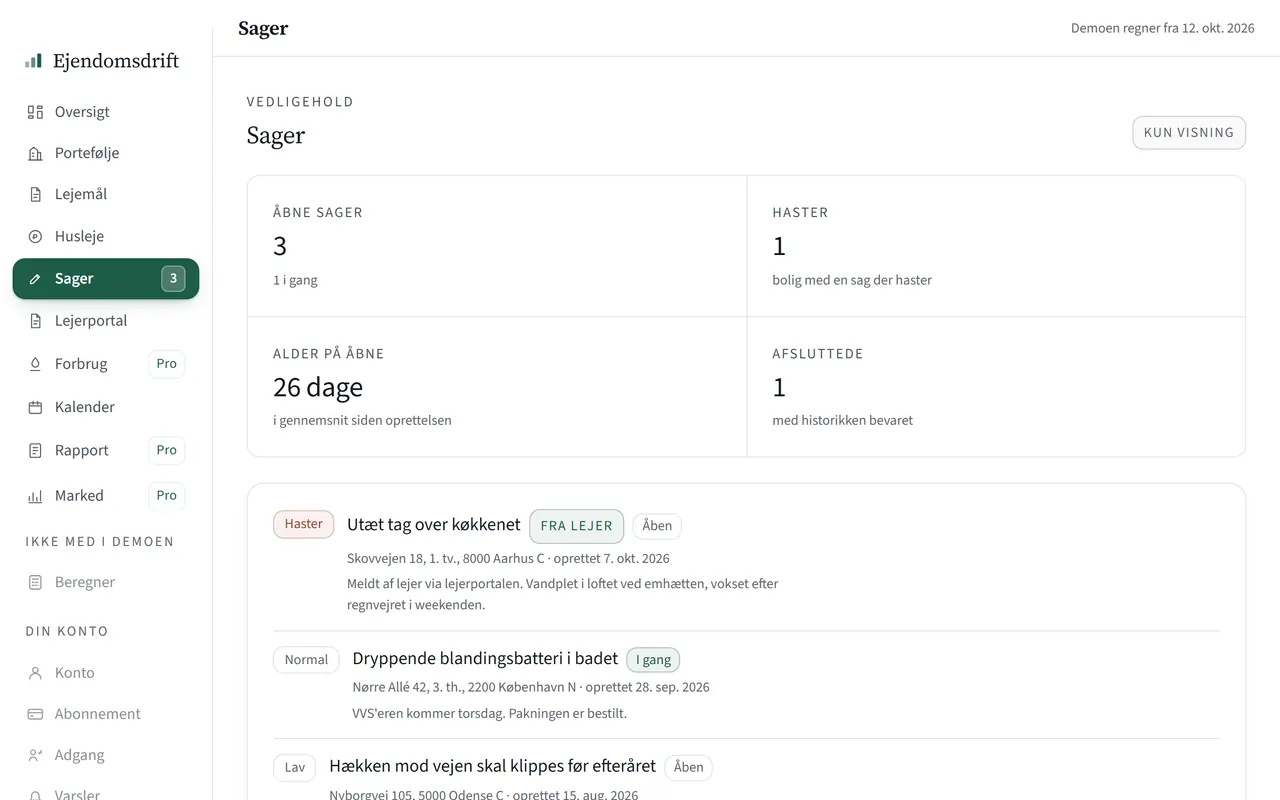 Sager i udlejerens platform med antal åbne sager og hastesager og en liste, hvor en sag er mærket Fra lejer.